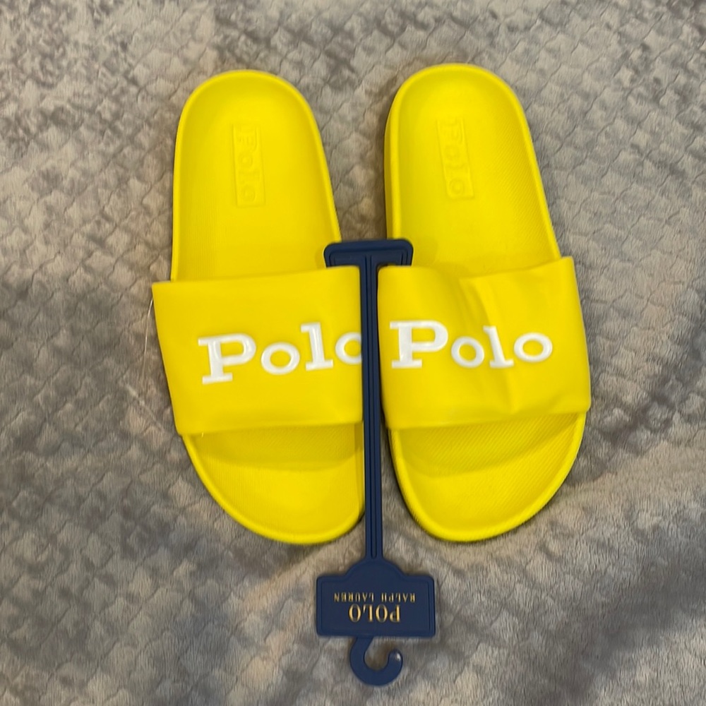 Polo Ralph Lauren Women’s Cayson Slides Yellow White Logo NEW